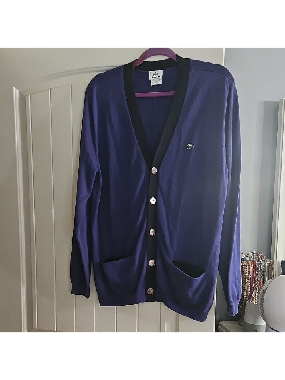 Vintage Lacoste Men's V-Neck Blue Cardigan Sweater Size 6 Fits L-Xl